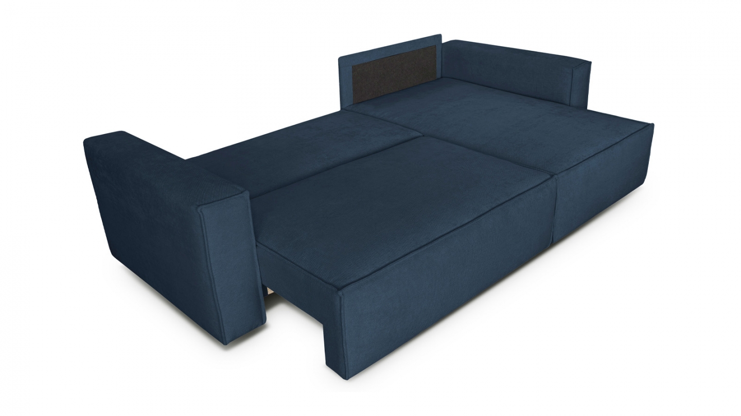 Canapé d'angle convertible réversible 4 places avec coffre de rangement en tissu chenille bleu foncé - Livia Canapé d'angle convertible réversible 4 places avec coffre de rangement en tissu chenille bleu foncé - Livia