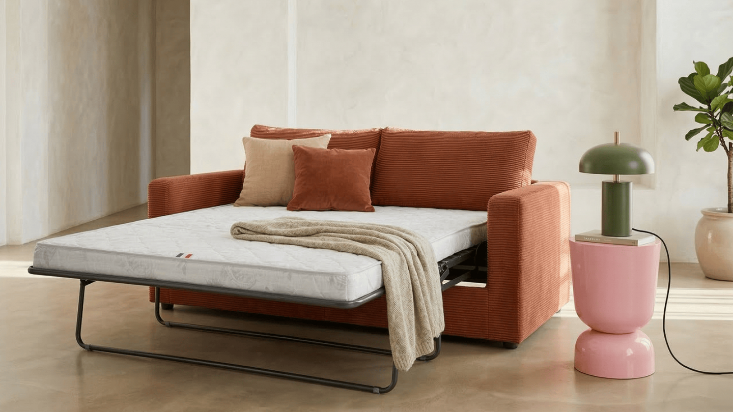 Canapé convertible 3 places en velours côtelé rouille - ouverture semi-express - Silvia Canapé convertible 3 places en velours côtelé rouille - ouverture semi-express - Silvia