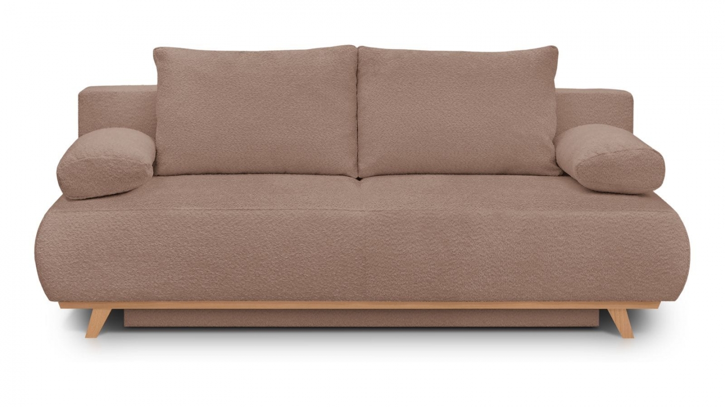 Canapé convertible 3 places avec coffre de rangement en tissu bouclé rose poudré - Laria Canapé convertible 3 places avec coffre de rangement en tissu bouclé rose poudré - Laria