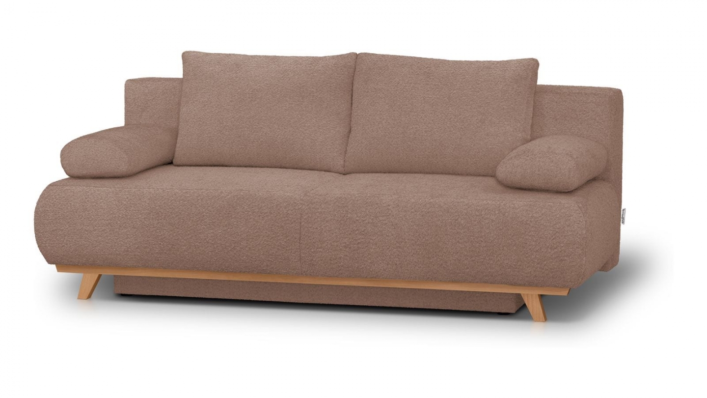 Canapé convertible 3 places avec coffre de rangement en tissu bouclé rose poudré - Laria Canapé convertible 3 places avec coffre de rangement en tissu bouclé rose poudré - Laria