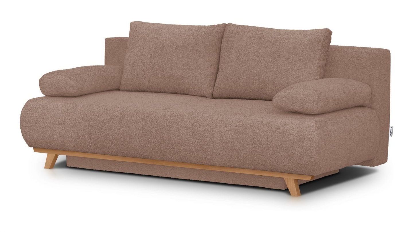 Canapé convertible 3 places avec coffre de rangement en tissu bouclé rose poudré - Laria Canapé convertible 3 places avec coffre de rangement en tissu bouclé rose poudré - Laria