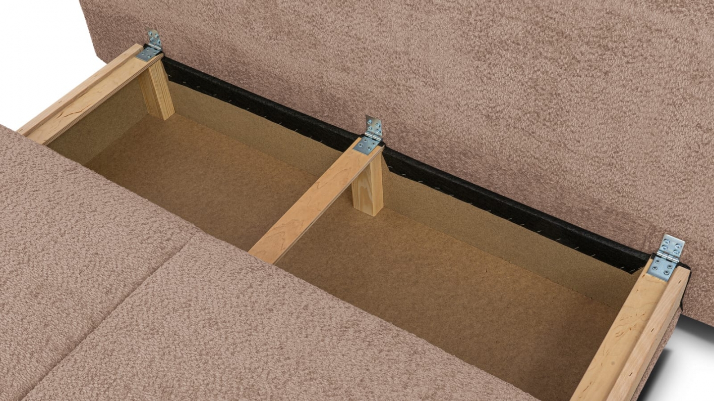 Canapé convertible 3 places avec coffre de rangement en tissu bouclé rose poudré - Laria Canapé convertible 3 places avec coffre de rangement en tissu bouclé rose poudré - Laria