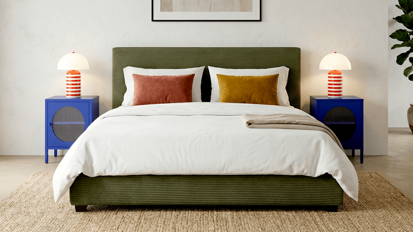Lit adulte 180x200 cm avec tête de lit capitonnée en velours côtelé vert - William Lit adulte 180x200 cm avec tête de lit capitonnée en velours côtelé vert - William