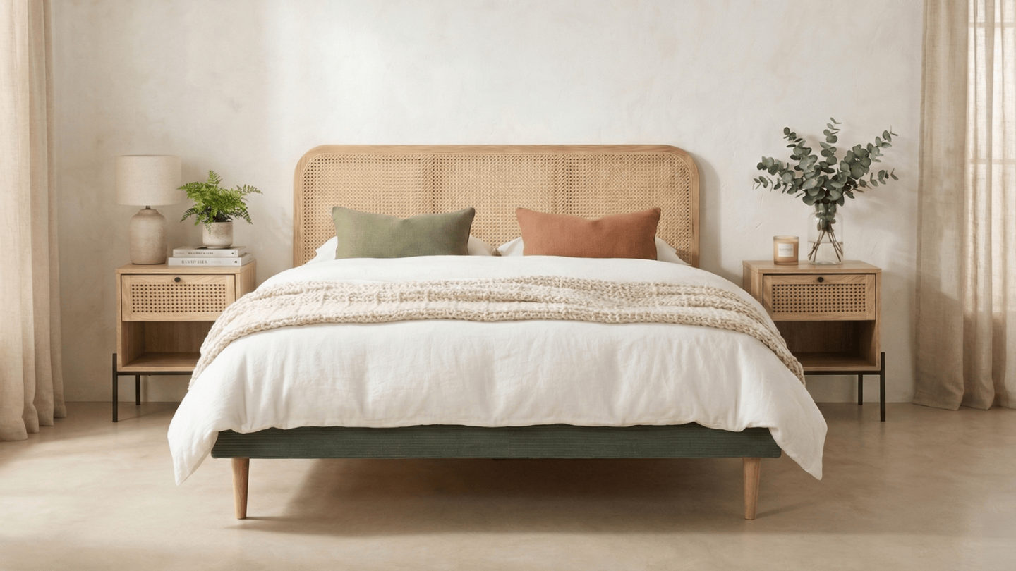 Ensemble Lit adulte 140x190 cm en velours côtelé vert kaki avec tête de lit en cannage Dalia + lot de 2 chevets Iris Ensemble Lit adulte 140x190 cm en velours côtelé vert kaki avec tête de lit en cannage Dalia + lot de 2 chevets Iris