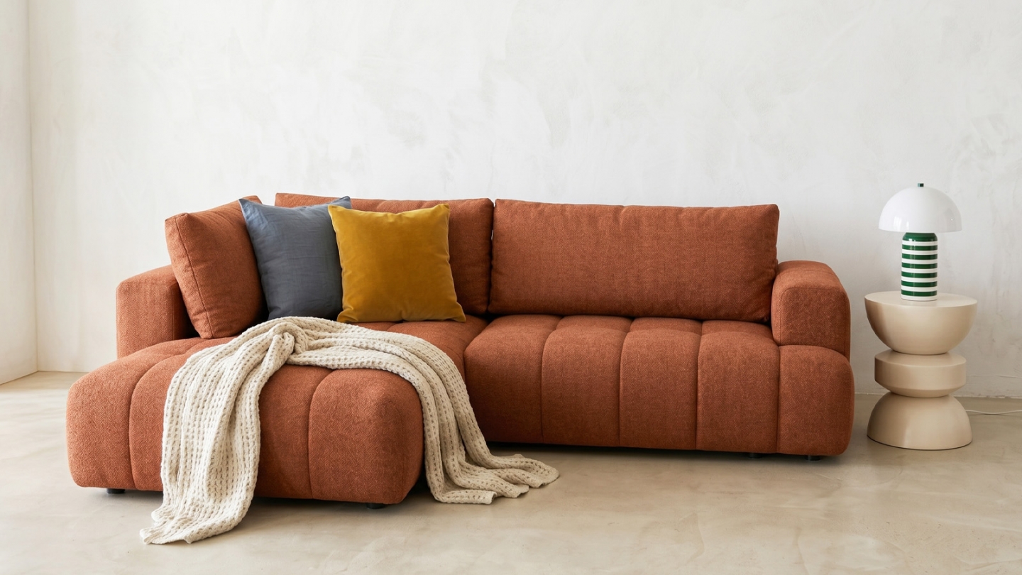 Canapé d'angle à gauche convertible 4 places en tissu chenille terracotta - ouverture rapide - Brera Canapé d'angle à gauche convertible 4 places en tissu chenille terracotta - ouverture rapide - Brera