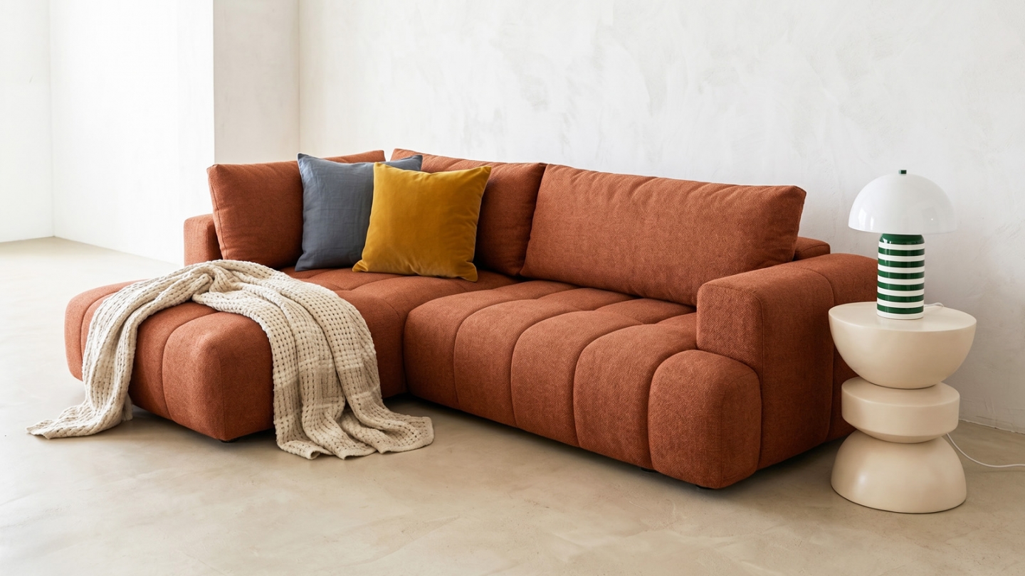 Canapé d'angle à gauche convertible 4 places en tissu chenille terracotta - ouverture rapide - Brera Canapé d'angle à gauche convertible 4 places en tissu chenille terracotta - ouverture rapide - Brera