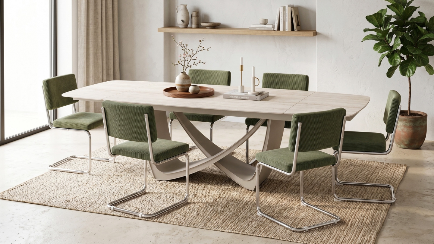 Table à manger rectangulaire extensible 8/12 pers. en céramique effet Travertin et piètement blanc 200/300x100 cm - Thule Table à manger rectangulaire extensible 8/12 pers. en céramique effet Travertin et piètement blanc 200/300x100 cm - Thule