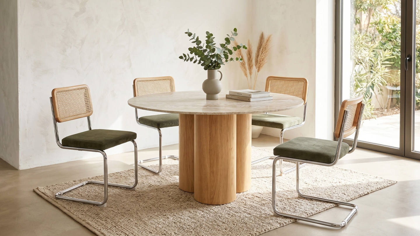 Table à manger ronde 4 pers. en céramique effet Travertin et piètement effet chêne Ø150 cm - Brescia Table à manger ronde 4 pers. en céramique effet Travertin et piètement effet chêne Ø150 cm - Brescia