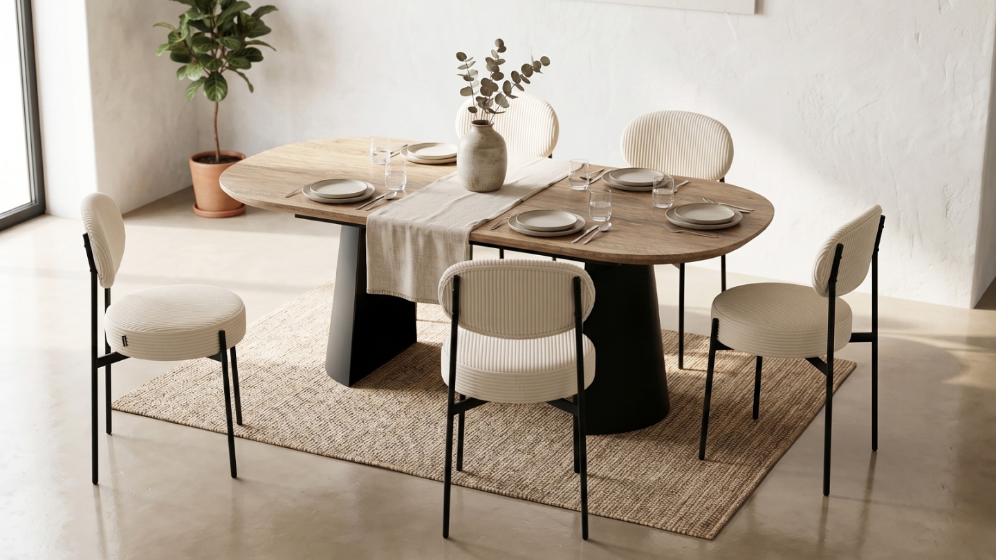 Table à manger ovale extensible 8/16 pers. effet bois et piètement noir 206/406x103 cm - Douro Table à manger ovale extensible 8/16 pers. effet bois et piètement noir 206/406x103 cm - Douro