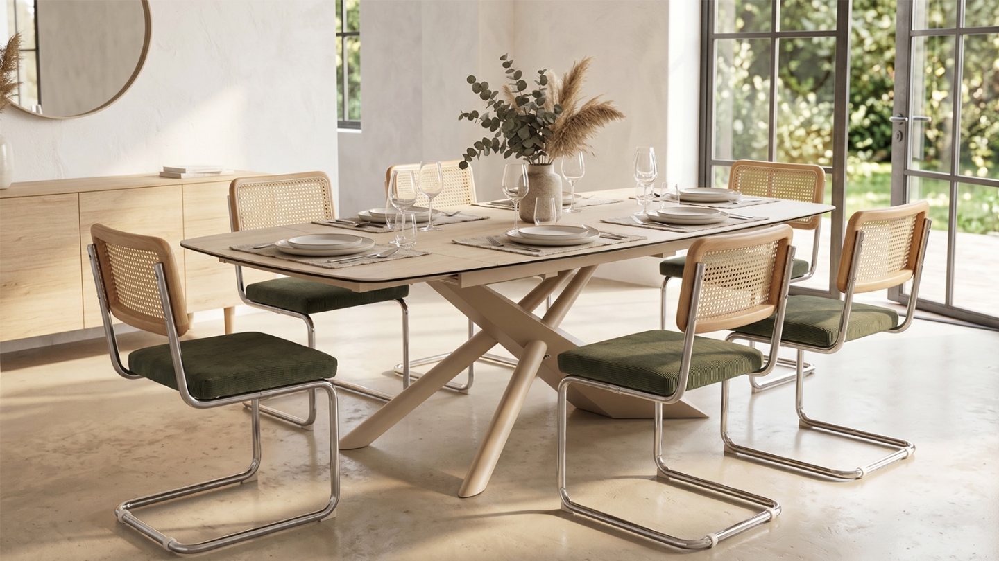Table à manger rectangulaire extensible 8/10 pers. en céramique effet Travertin et piètement beige 180/260x98 cm - Tundra Table à manger rectangulaire extensible 8/10 pers. en céramique effet Travertin et piètement beige 180/260x98 cm - Tundra