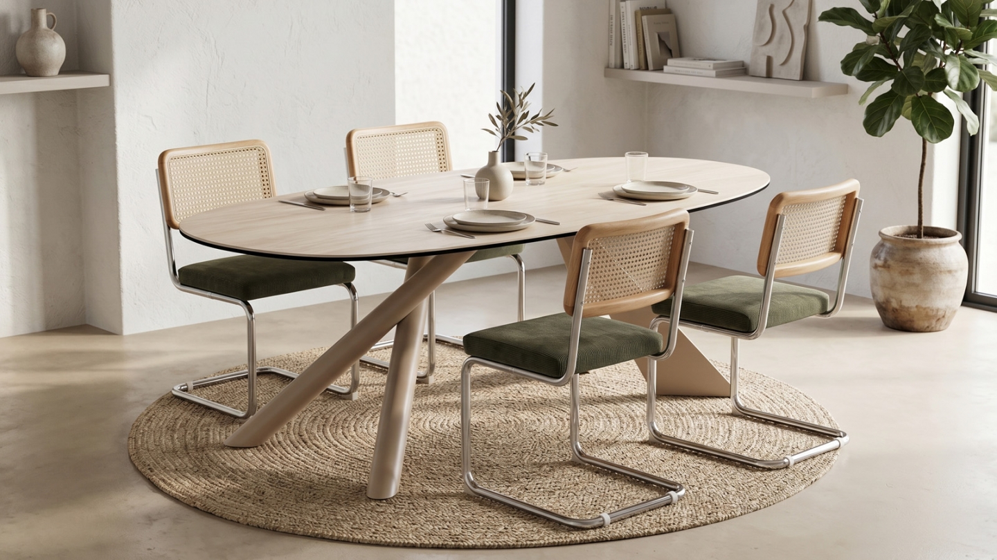 Table basse ovale en céramique effet Travertin et piètement beige 120x72 cm - Tundra Table basse ovale en céramique effet Travertin et piètement beige 120x72 cm - Tundra