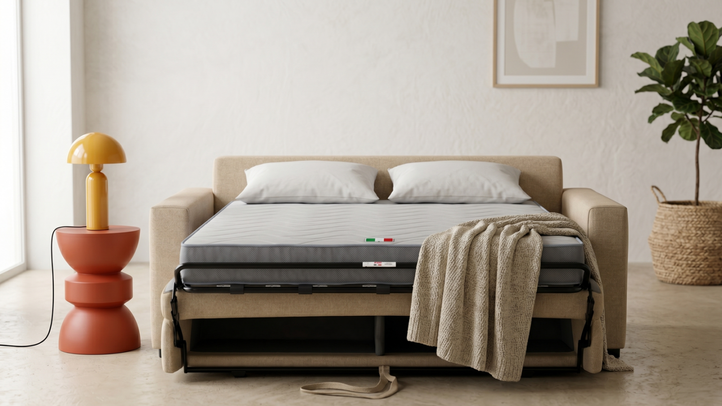 Canapé droit convertible 3 places en tissu chenille taupe - ouverture express - Anzio Canapé droit convertible 3 places en tissu chenille taupe - ouverture express - Anzio