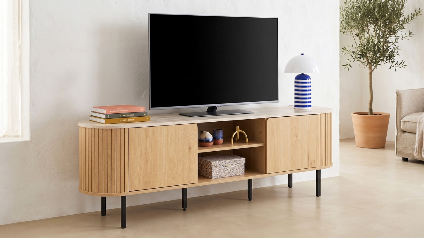 Meuble TV 2 portes 2 niches effet Chêne et Travertin 160 cm - Juna Meuble TV 2 portes 2 niches effet Chêne et Travertin 160 cm - Juna