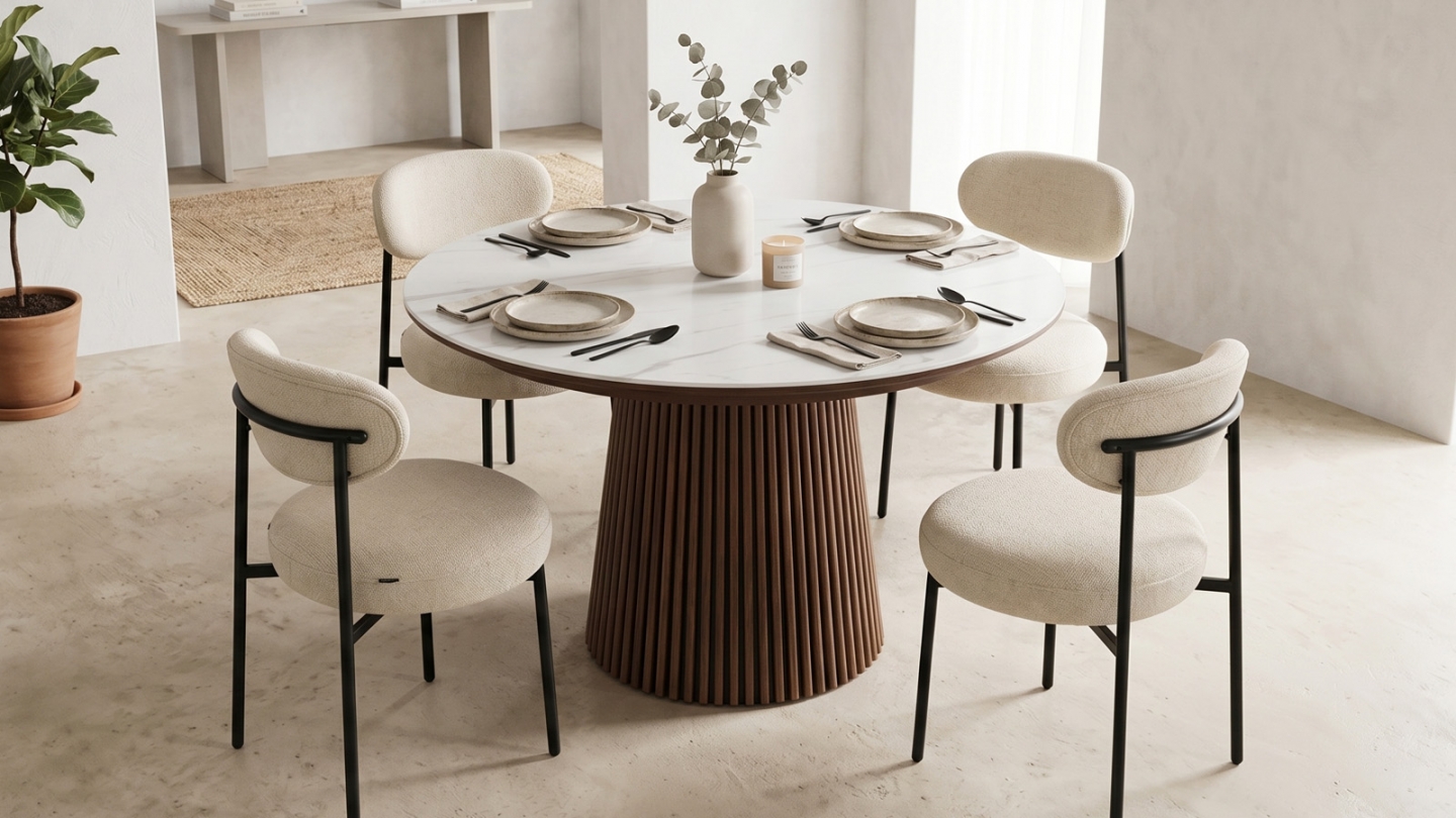 Table à manger ronde extensible plateau en céramique effet marbre et piètement en effet noyer 4 à 8 pers. 120/200 cm - Ada Table à manger ronde extensible plateau en céramique effet marbre et piètement en effet noyer 4 à 8 pers. 120/200 cm - Ada