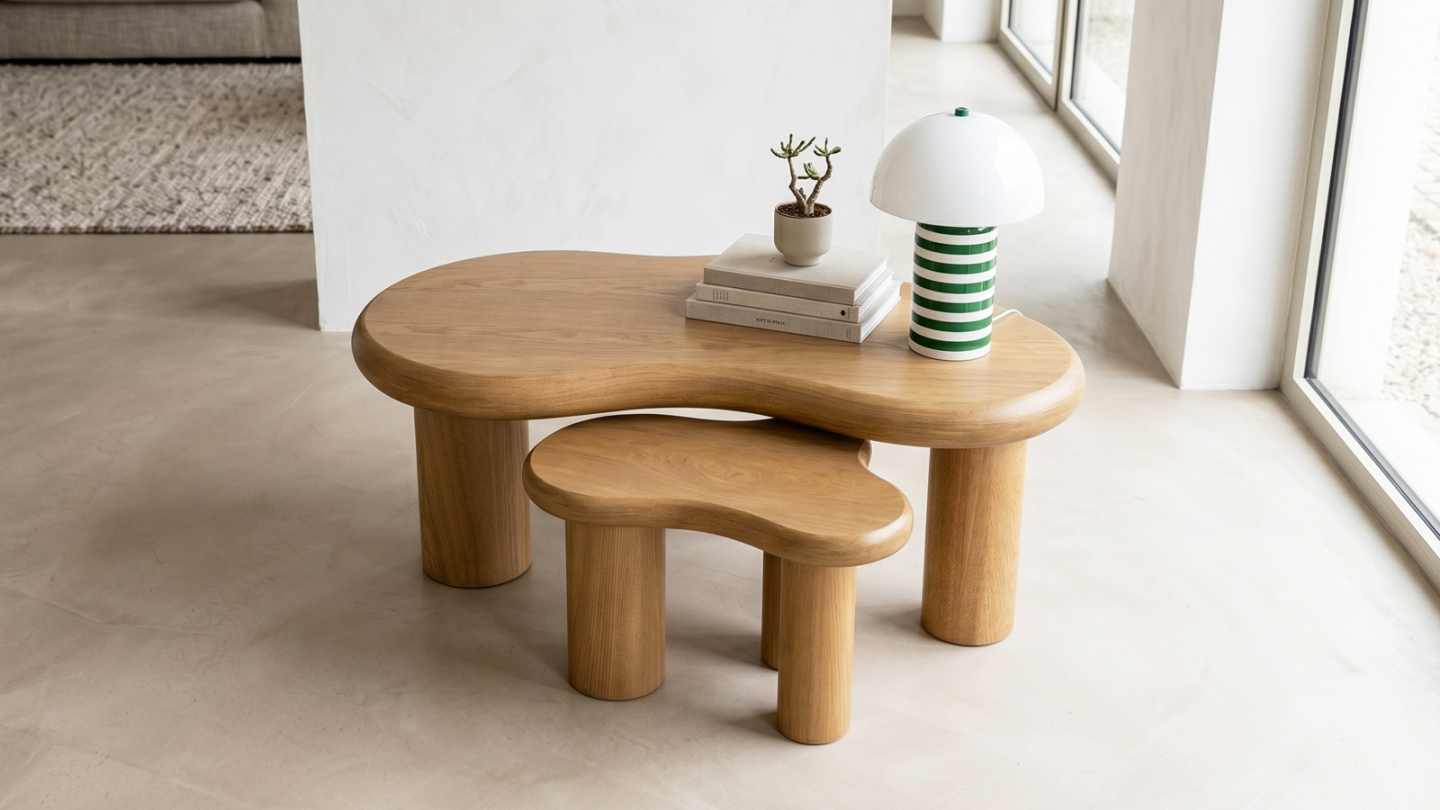 Lot de 2 tables basses organiques gigognes en bois - Wave Lot de 2 tables basses organiques gigognes en bois - Wave