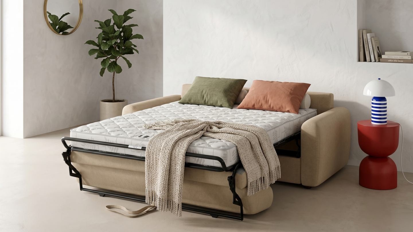 Canapé droit convertible 3 places en tissu chenille taupe - ouverture express - Salvia Canapé droit convertible 3 places en tissu chenille taupe - ouverture express - Salvia