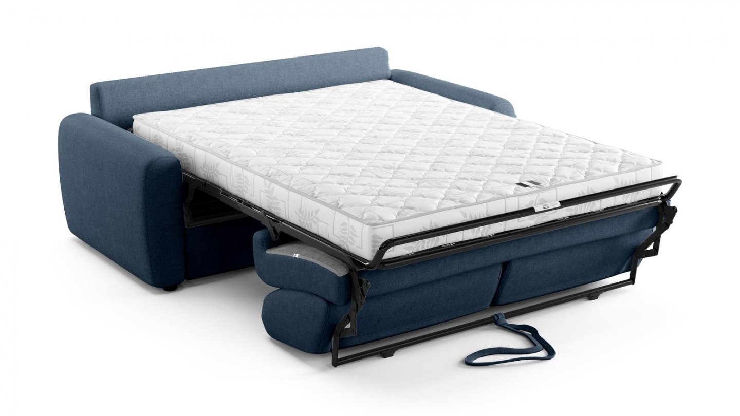 Canapé droit convertible 3 places en tissu chenille bleu foncé - ouverture express - Salvia Canapé droit convertible 3 places en tissu chenille bleu foncé - ouverture express - Salvia