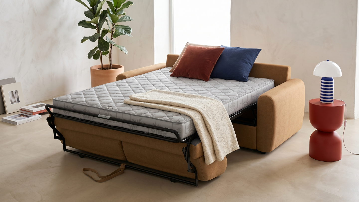 Canapé droit convertible 3 places en tissu chenille moka - ouverture express - Salvia Canapé droit convertible 3 places en tissu chenille moka - ouverture express - Salvia