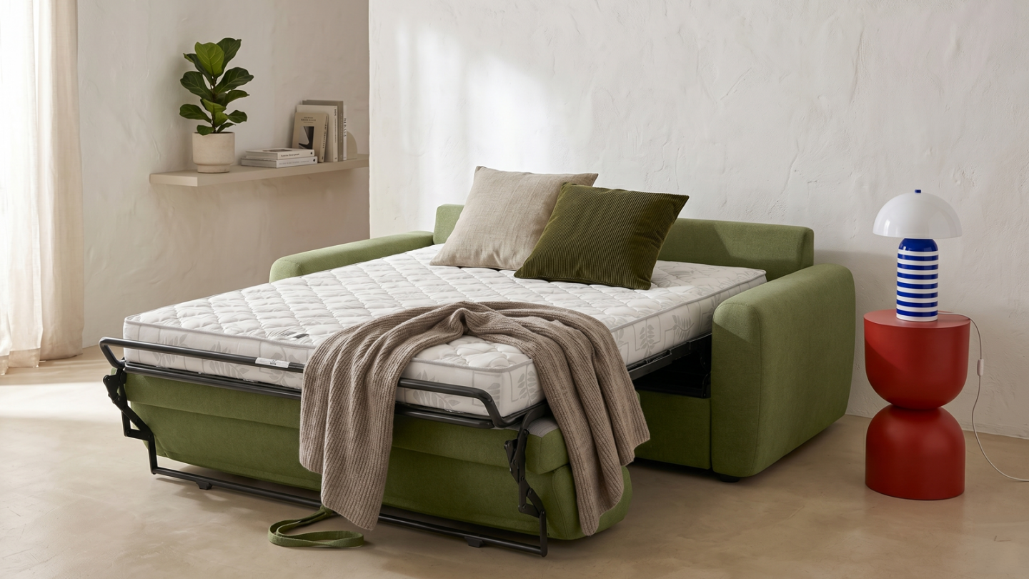 Canapé droit convertible 3 places en tissu chenille vert olive - ouverture express - Salvia Canapé droit convertible 3 places en tissu chenille vert olive - ouverture express - Salvia