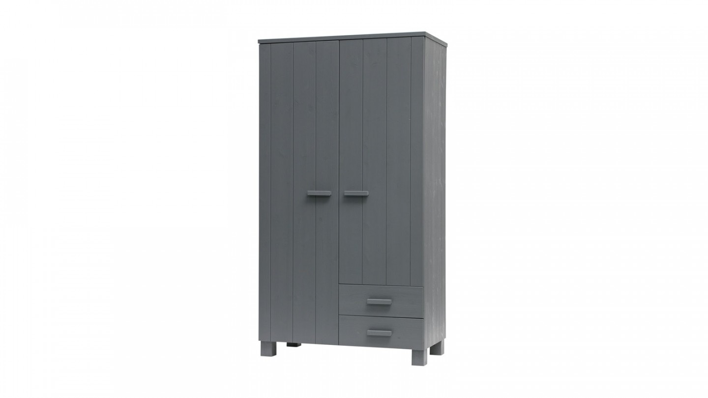 Armoire 2 portes 2 tiroirs en pin gris anthracite - Collection Dennis - Woood