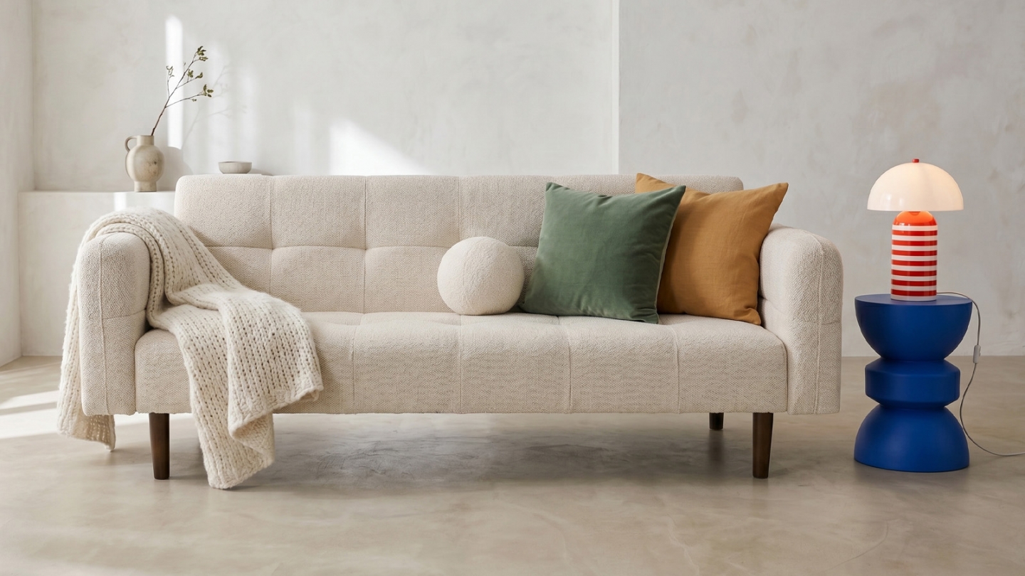 Canapé convertible 3 places en tissu chenille beige - Pavia Canapé convertible 3 places en tissu chenille beige - Pavia
