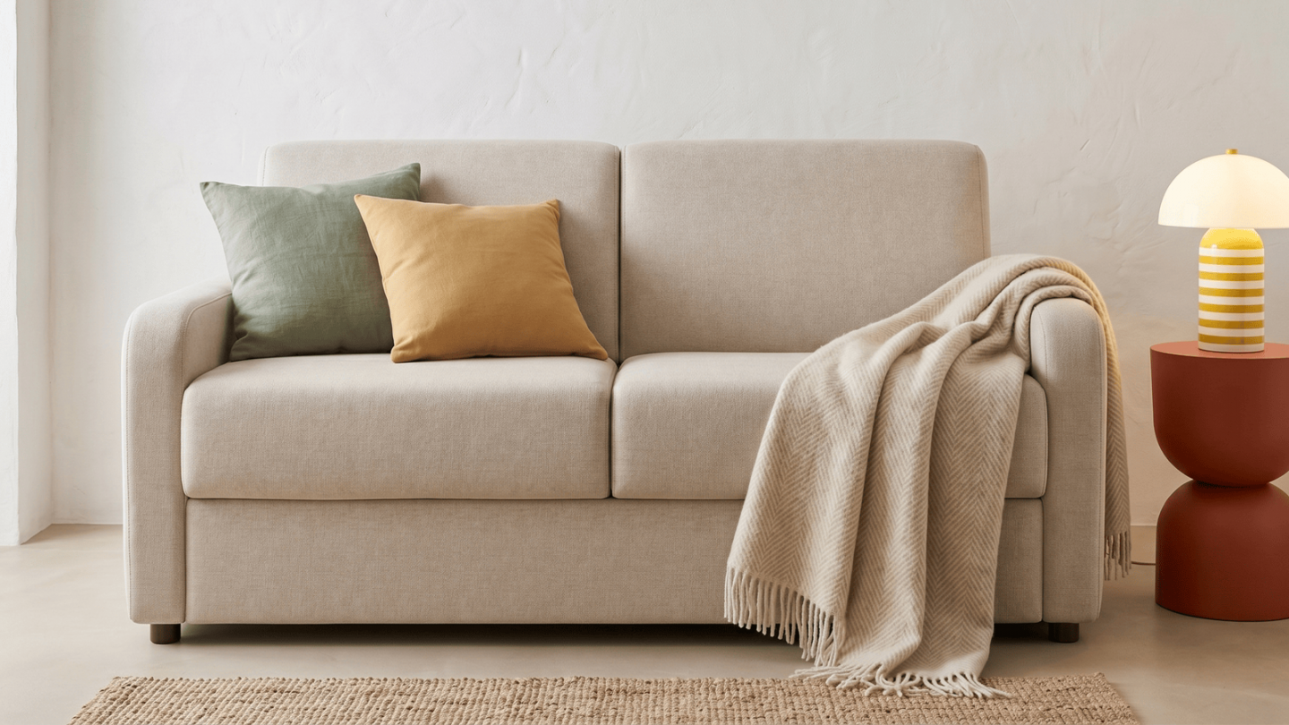 Canapé droit convertible 3 places en tissu chenille beige - ouverture express - Lumio Canapé droit convertible 3 places en tissu chenille beige - ouverture express - Lumio