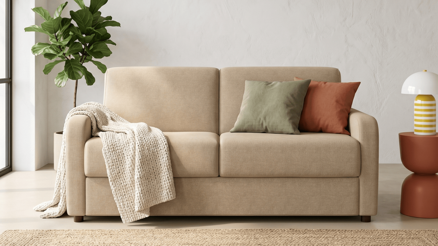 Canapé droit convertible 3 places en tissu chenille taupe - ouverture express - Lumio Canapé droit convertible 3 places en tissu chenille taupe - ouverture express - Lumio
