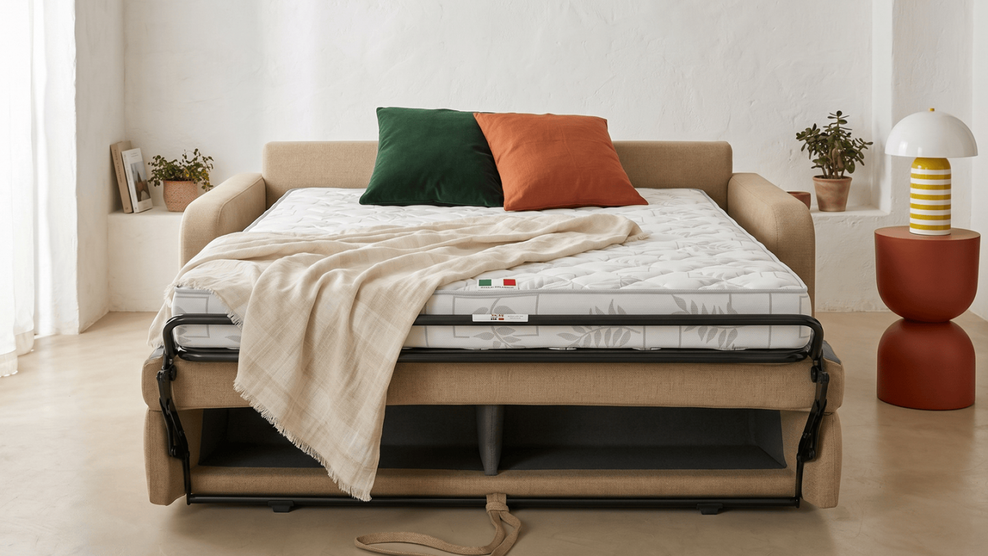 Canapé droit convertible 3 places en tissu chenille taupe - ouverture express - Lumio Canapé droit convertible 3 places en tissu chenille taupe - ouverture express - Lumio
