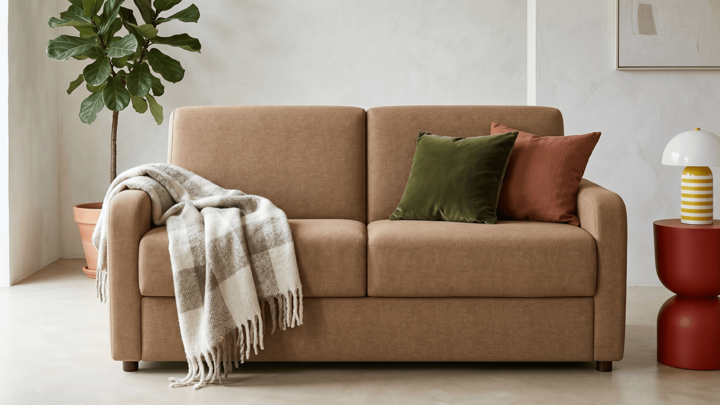 Canapé droit convertible 3 places en tissu chenille moka - ouverture express - Lumio Canapé droit convertible 3 places en tissu chenille moka - ouverture express - Lumio