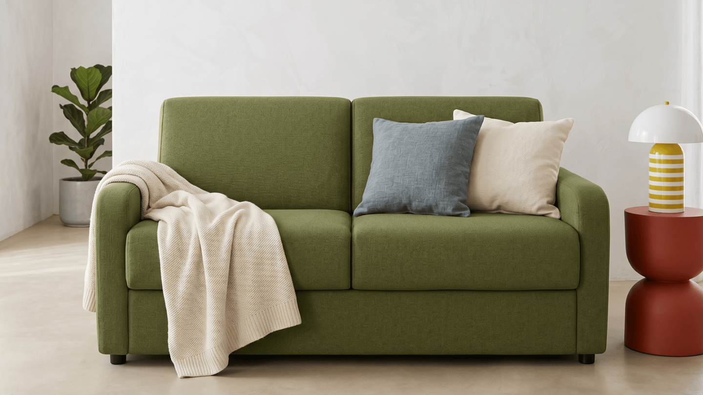 Canapé droit convertible 3 places en tissu chenille vert olive - ouverture express - Lumio Canapé droit convertible 3 places en tissu chenille vert olive - ouverture express - Lumio