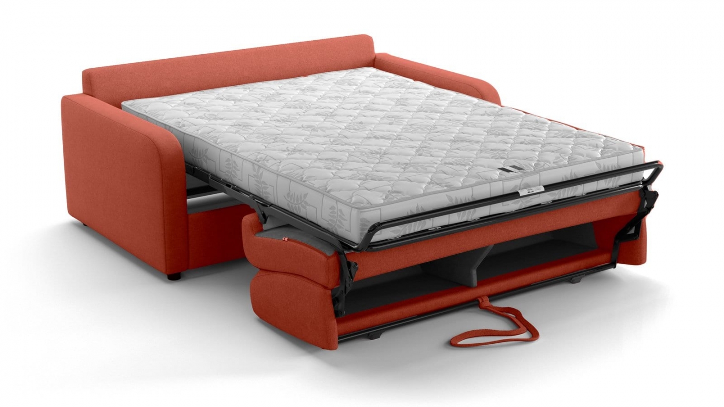 Canapé droit convertible 3 places en tissu chenille terracotta - ouverture express - Lumio Canapé droit convertible 3 places en tissu chenille terracotta - ouverture express - Lumio