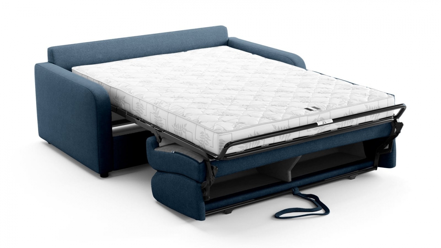 Canapé droit convertible 3 places en tissu chenille bleu foncé - ouverture express - Lumio Canapé droit convertible 3 places en tissu chenille bleu foncé - ouverture express - Lumio