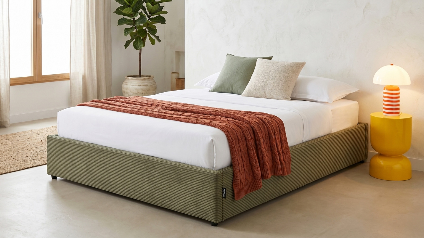 Lit coffre adulte 180x200 cm en velours côtelé vert avec sommier - Handy Lit coffre adulte 180x200 cm en velours côtelé vert avec sommier - Handy