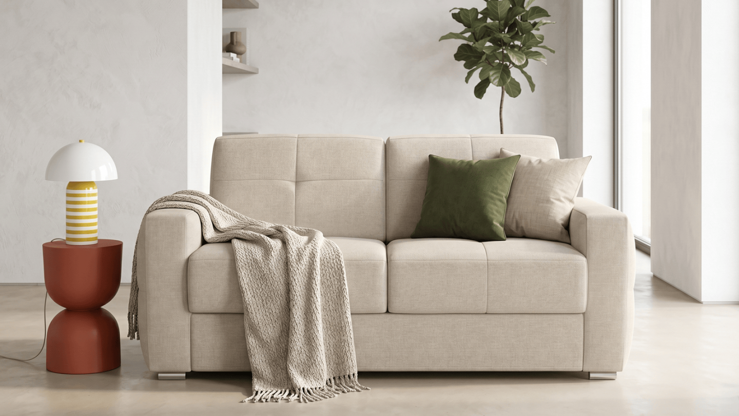 Canapé capitonné convertible 3 places en tissu chenille beige - ouverture express - Cassian Canapé capitonné convertible 3 places en tissu chenille beige - ouverture express - Cassian