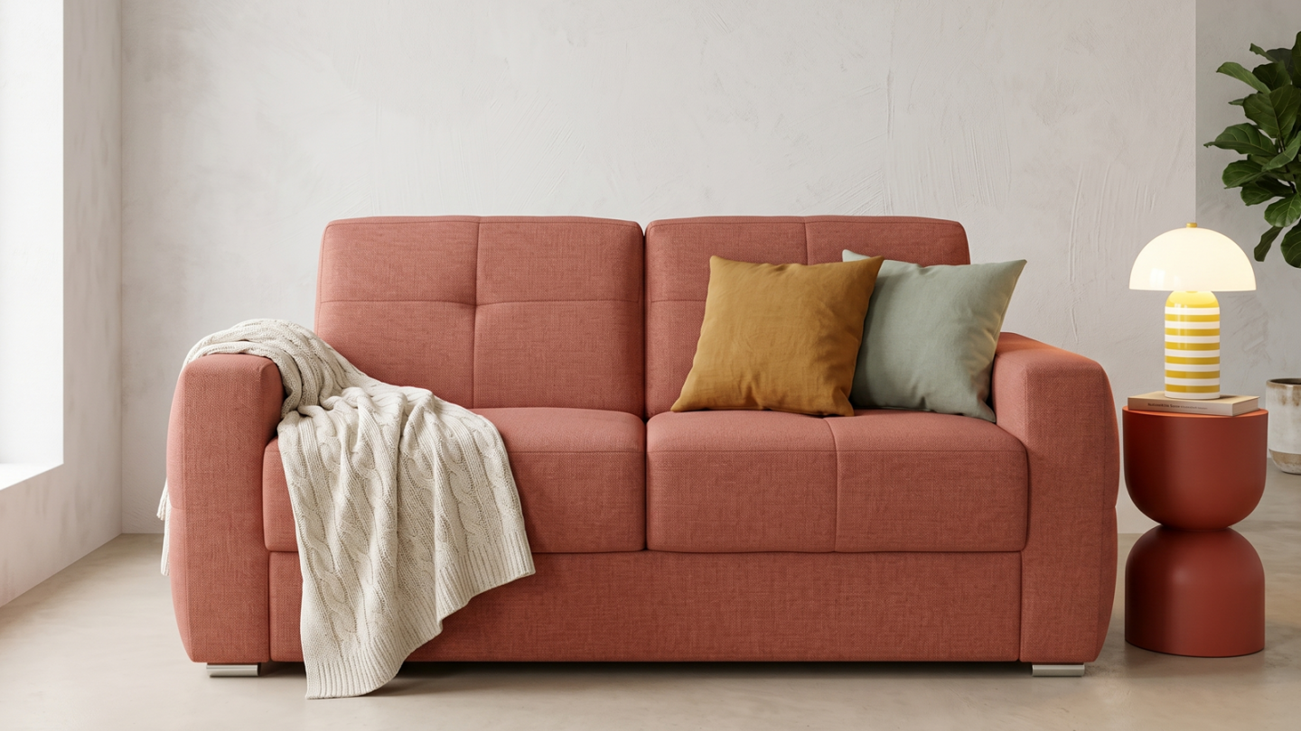 Canapé capitonné convertible 3 places en tissu chenille terracotta - ouverture express - Cassian Canapé capitonné convertible 3 places en tissu chenille terracotta - ouverture express - Cassian