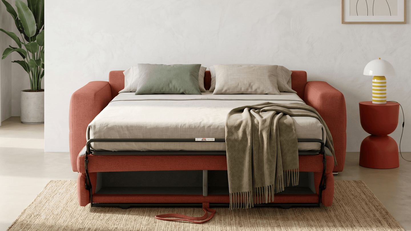 Canapé capitonné convertible 3 places en tissu chenille terracotta - ouverture express - Cassian Canapé capitonné convertible 3 places en tissu chenille terracotta - ouverture express - Cassian