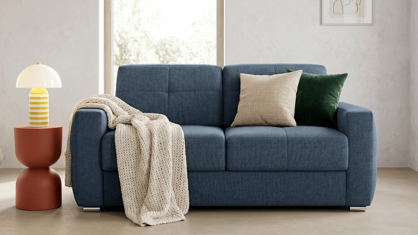 Canapé capitonné convertible 3 places en tissu chenille bleu foncé - ouverture express - Cassian Canapé capitonné convertible 3 places en tissu chenille bleu foncé - ouverture express - Cassian