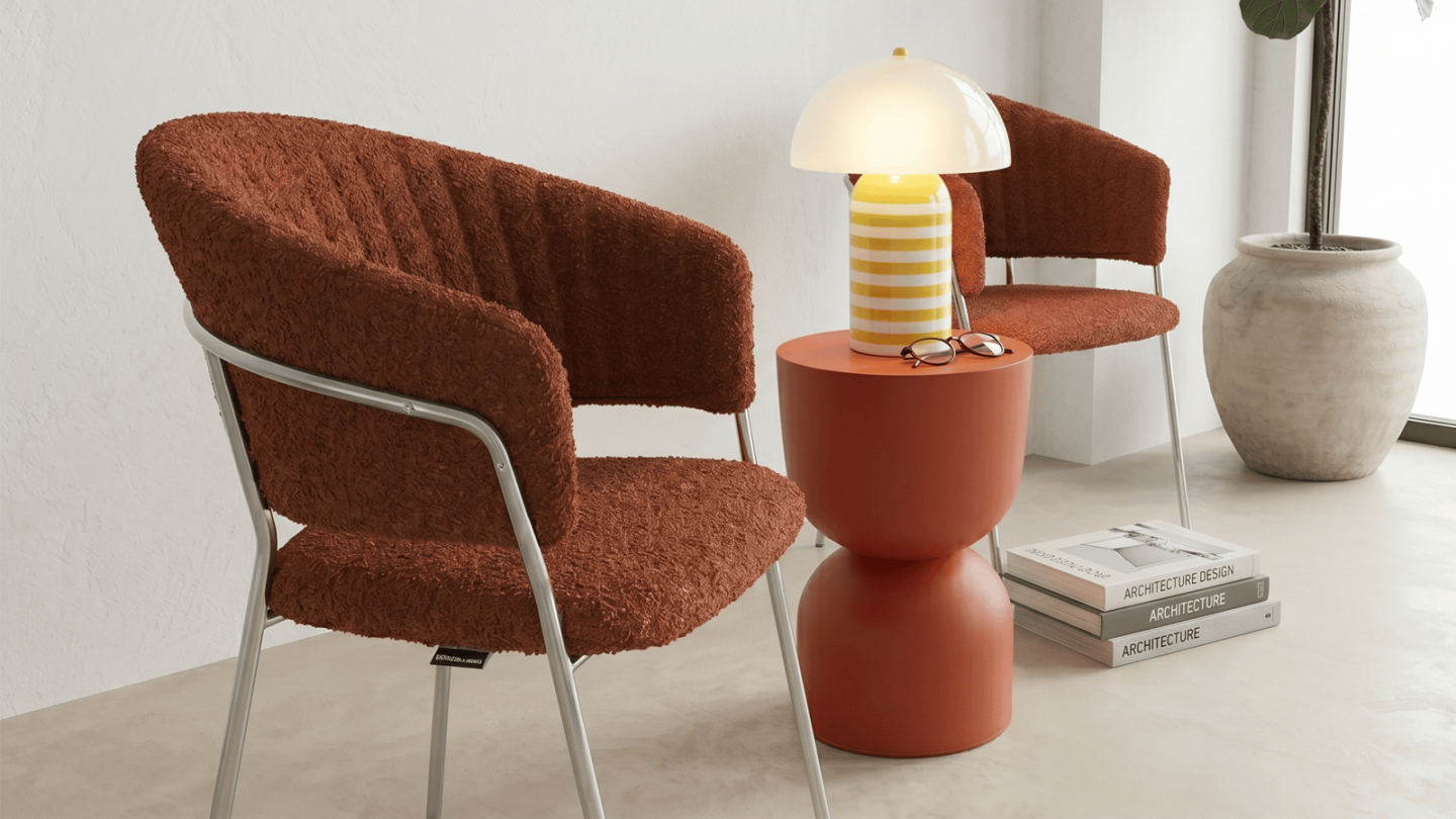 Lot de 2 chaises en tissu bouclé rouille et piètement chromé - Isya Lot de 2 chaises en tissu bouclé rouille et piètement chromé - Isya