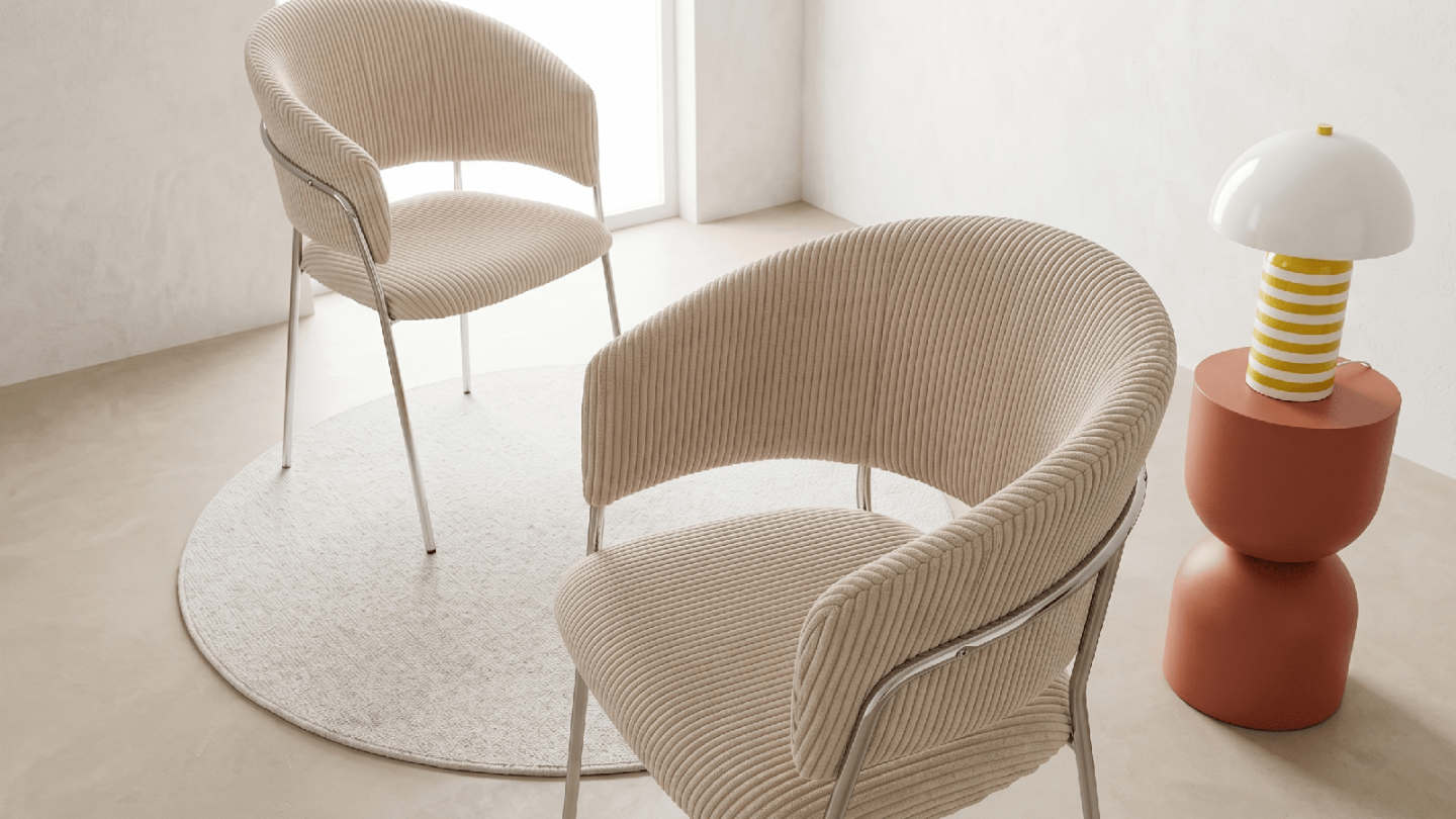 Lot de 2 chaises en velours côtelé beige et piètement chromé - Isya Lot de 2 chaises en velours côtelé beige et piètement chromé - Isya