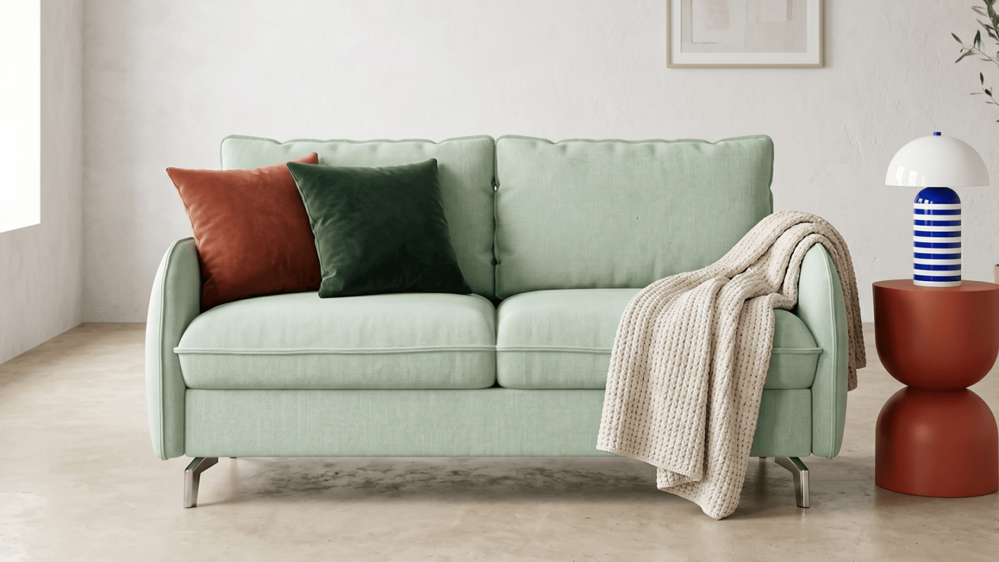 Canapé droit convertible 3 places en tissu chenille vert sauge - ouverture express - Novoli Canapé droit convertible 3 places en tissu chenille vert sauge - ouverture express - Novoli