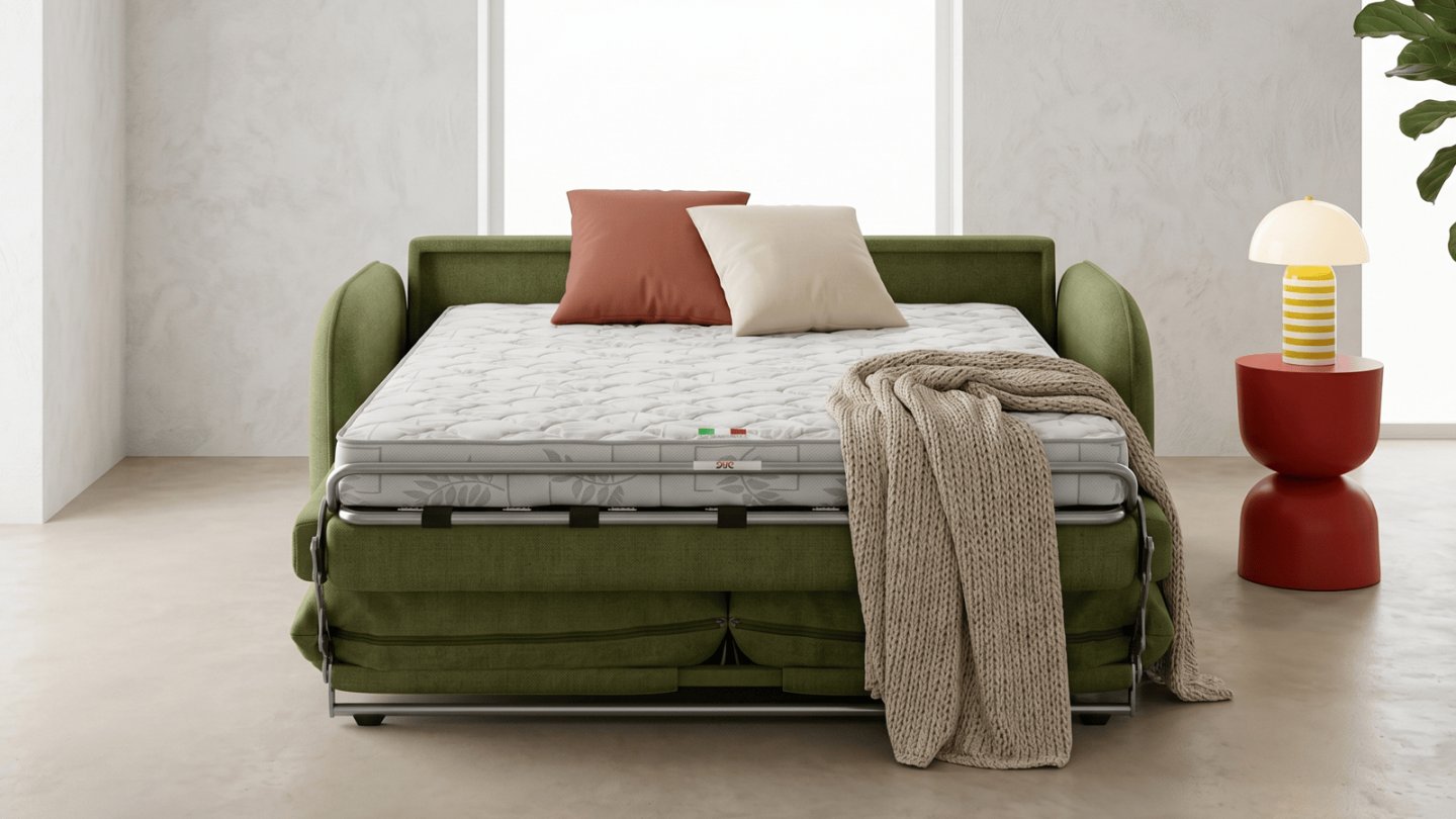 Canapé droit convertible 3 places en tissu chenille vert olive - ouverture express - Novoli Canapé droit convertible 3 places en tissu chenille vert olive - ouverture express - Novoli