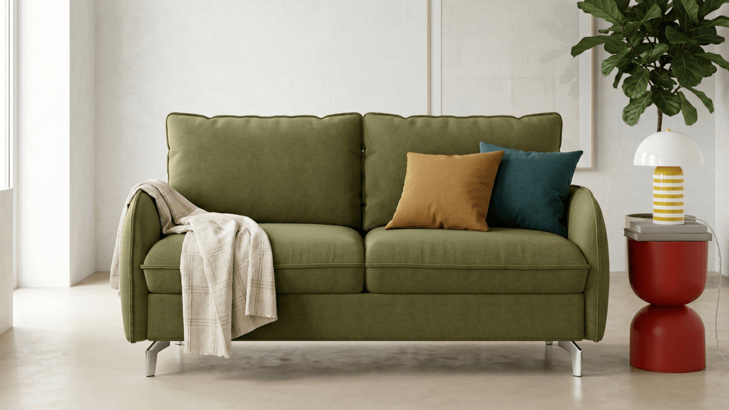 Canapé droit convertible 3 places en tissu chenille vert olive - ouverture express - Novoli Canapé droit convertible 3 places en tissu chenille vert olive - ouverture express - Novoli