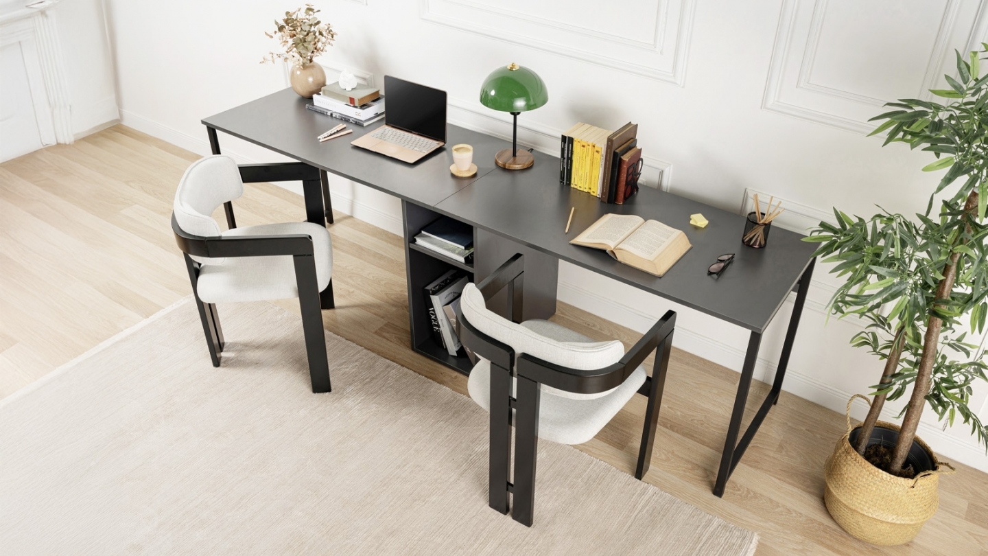 Bureau double avec rangement central gris anthracite, piètement noir 240 cm - Orsa Bureau double avec rangement central gris anthracite, piètement noir 240 cm - Orsa
