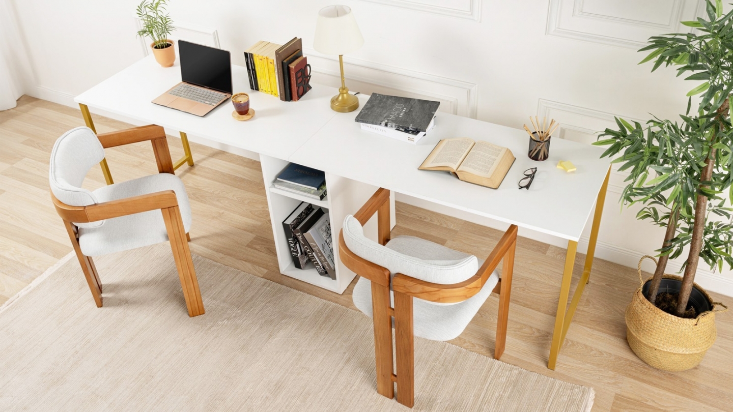 Bureau double avec rangement central blanc, piètement doré 240 cm - Orsa Bureau double avec rangement central blanc, piètement doré 240 cm - Orsa