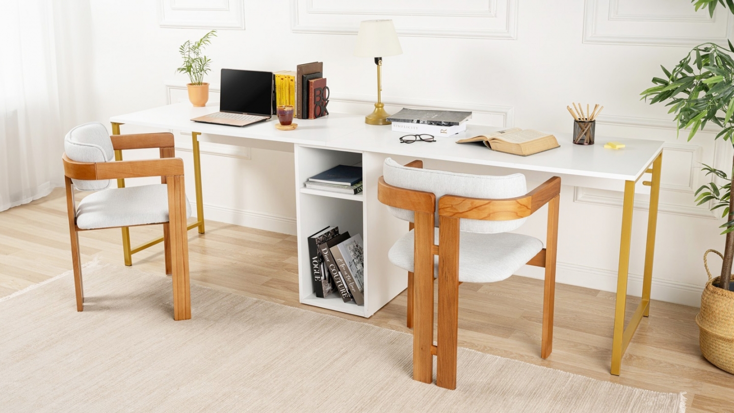 Bureau double avec rangement central blanc, piètement doré 240 cm - Orsa Bureau double avec rangement central blanc, piètement doré 240 cm - Orsa