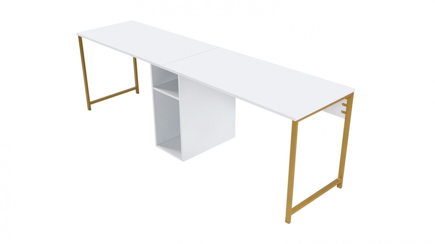 Bureau double avec rangement central blanc, piètement doré 240 cm - Orsa Bureau double avec rangement central blanc, piètement doré 240 cm - Orsa