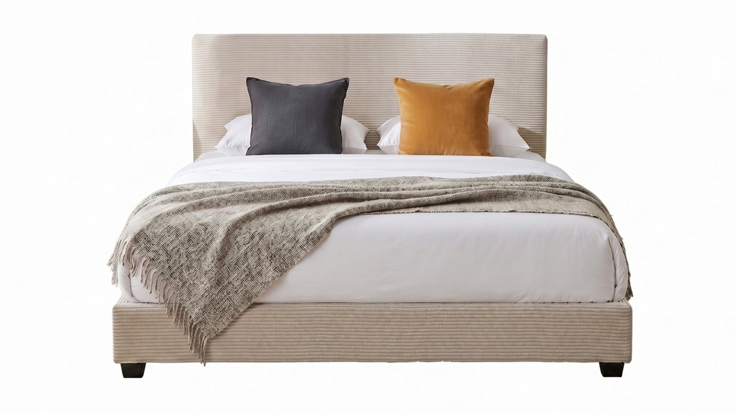 Lit adulte 140x190 cm avec tête de lit capitonnée en velours côtelé beige - William Lit adulte 140x190 cm avec tête de lit capitonnée en velours côtelé beige - William
