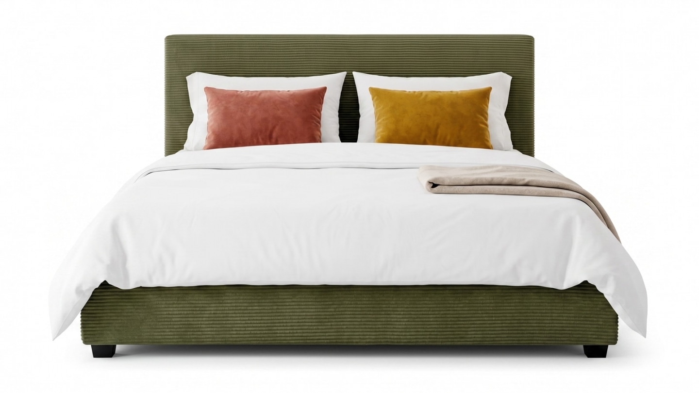 Lit adulte 140x190 cm avec tête de lit capitonnée en velours côtelé vert - William Lit adulte 140x190 cm avec tête de lit capitonnée en velours côtelé vert - William