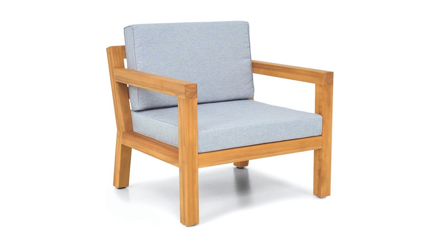Salon de jardin 4 places en bois FSC - 1 canapé 2 places + 2 fauteuils - coussins gris chiné - Palau Salon de jardin 4 places en bois FSC - 1 canapé 2 places + 2 fauteuils - coussins gris chiné - Palau