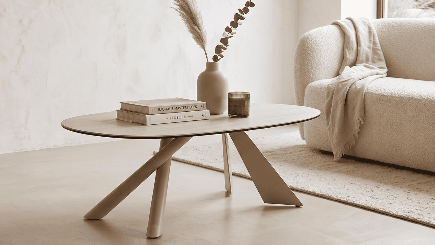 Table basse ovale en céramique effet Travertin et piètement beige 120x72 cm - Tundra Table basse ovale en céramique effet Travertin et piètement beige 120x72 cm - Tundra